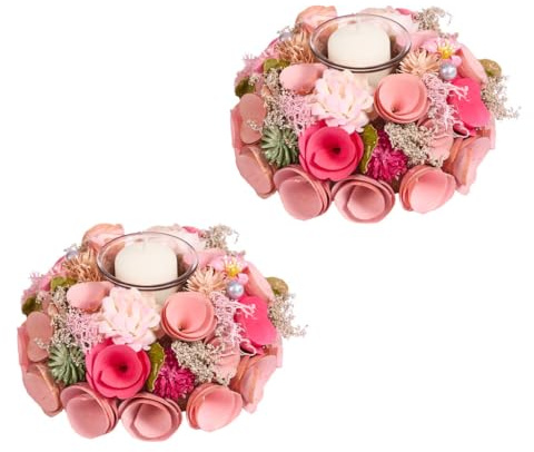 Tea Light Candle Holder Table Decoration Tealight Holders Birchwood Table Centrepiece Décor with Pink Wooden Roses and Artificial Foliage (S/2 Single)