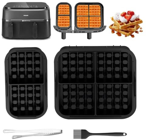 Lot de 2 moules à gaufres en silicone pour Philips Airfryer, insert gaufré pour Philips Dual Basket Airfryer 3000 série 6L/3L, accessoires Dual Basket avec brosse et clip