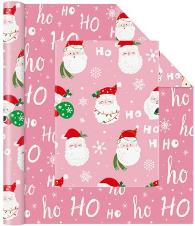 WERNNSAI Weihnachts Geschenkpapier – 1 Rolle Weihnachten Geschenkpapier Kinder Mädchen Rosa Weihnachtsmann Schneeflocken Weihnachtsgeschenkpapier Weihnachtsgesparty Dekoration 43cm x 10m