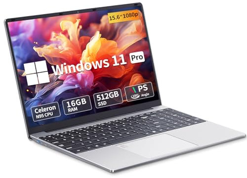 Portatile PC 15,6 pollici, Notebook 16GB RAM SSD 512 GB Celeron N95, Computer portatile Win11 Pro IPS Full HD 1920 x 1080, sblocco con impronta digitale e tastiera retroilluminata full size Laptop