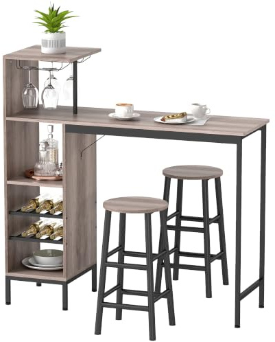 HOMCOM Bartisch mit Barhocker Set mit 2 Stühlen, Fußstütze, Grau