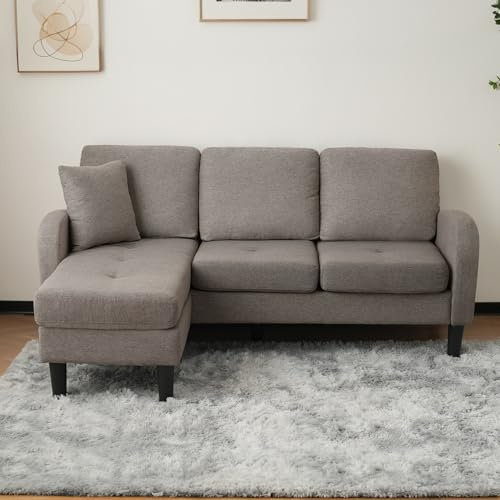 Lahoomu L-förmiges Ecksofa mit Chaiselongue, 3-Sitzer Sofa, Atmungsaktiver Baumwoll-Leinenstoff, Kunststoffbeine, Modulares Design, für Wohnzimmer, Apartments und Büros, Dunkelgrau