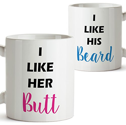 2 Funny Mugs for Couples - I Like Your Butt, I Like Your Beard - Nice Presents Ideas for Lovers, Boyfriend, Girlfriend, Partner - Ceramic 11oz / 350mL