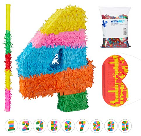 Relaxdays 4 TLG. Pinata Set Geburtstag Zahl 4, XXL Konfetti Sack, Pinatastab mit Augenmaske, Geburtstagspinata, Stock & Maske, bunt