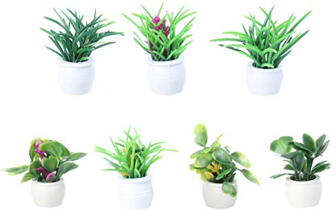Milisten 7Pcs Artificial Mini Potted Plants Tiny Miniature Decorative Flower Pot Grass Greenery in Pots for Dollhouse, Micro Landscape Decor 2x2x3cm