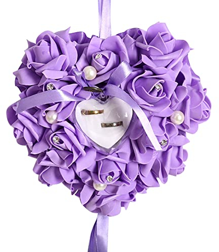 Herbests Romantische Ringkissen Rose Ringbox Herzförmig Ehering Kissen Perle Diamant Ringschachtel Schaumstoff Ring Aufbewahrung Ringhalter Hochzeitszubehör Für Verlobung Lila, 20cm, HER0099846