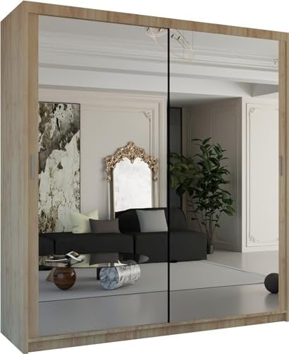 MN Furniture Modern Double Sliding Door Wardrobe 2 Mirrored Hanging Rails & Shelves Storage Cabinet for Bedroom (150cm, Houston Oak)