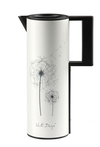 Vialli Design Weiße Thermoskanne Mit Glaseinsatz 1L für Tee, Kaffee, Corto, Thermosflasche Stahl mit Löwenzahn, Isolierkanne mit Henkel, Thermo-Kaffeekaraffe, Höhe 30,9 cm