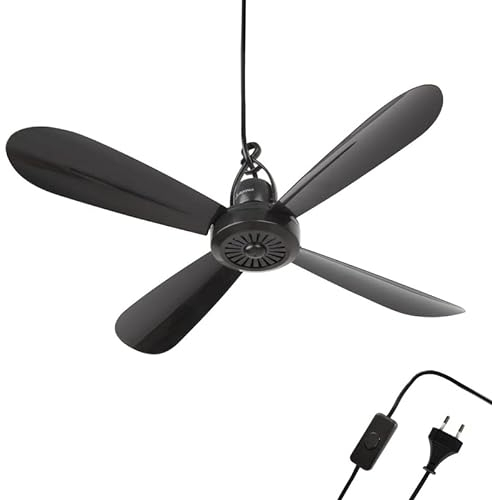 Bestlivings Ventilatore da soffitto portatile nero (cavo XXL da 5 m) con spina e interruttore, 220 V-240 V/5 W, diametro 40 cm, con gancio