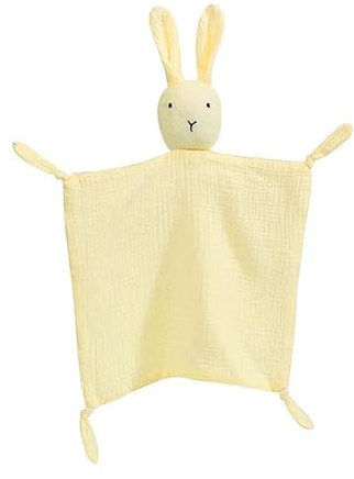 Schmusetuch, Kuscheltuch mit Hase-Köpfchen,Doppellagiger Tüll aus 100% Bio-Baumwolle,Baby Geschenk zur Geburt Junge & Mädchen (gelb)