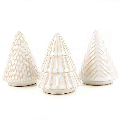 Logbuch-Verlag 3 kleine Weihnachtsbäume aus Keramik Creme weiß Tannenbaum Weihnachten Deko Baum Figuren Hygge Scandi 10 cm
