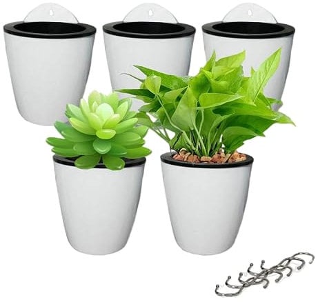 Rikyo 5 Pack Hanging Planters Set/Self Watering Planter,Indoor Out Wall Succulent Plants Small Flower pots Plants Pots Hang Flowerpot Window Boxes with 5 Hooks Silver (White)