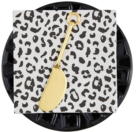 Mud Pie Leopard Black Antipasto Set; piatto 6 1/2 diametro | tovagliolo 5 x 5 | spalmatore 5 1/2