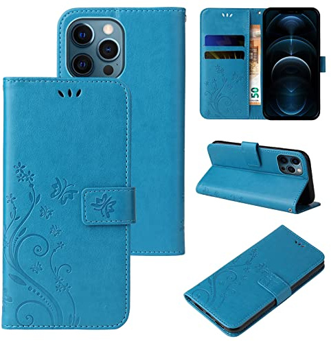 LBH Handy Hülle für Apple iPhone 12 Pro Max Case Handytasche Schmetterling Blumen Flower Standfunktion Schutzhülle Magnet Rundum Schutz 360 Grad Flipcase Cover Blau