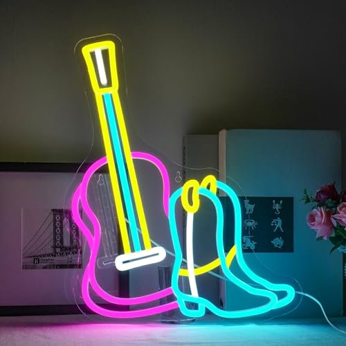 Ineonlife Guitar Cowboy Boots Neon Sign for Wall Decor, Dimmable LED Neon Signs, Connectivity Via USB Light for Bedroom, Living Room, Bar, Party, music Festival Decorate, Guitar Music Lover Gift
