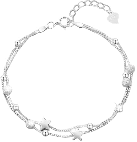Bzzerumy Armband Silber 925 für Damen,Armband Damenmit Perlen und Sternen, Verstellbare Layered Armband Mädchen Freundschaftsarmbänder Geschenke für Frauen