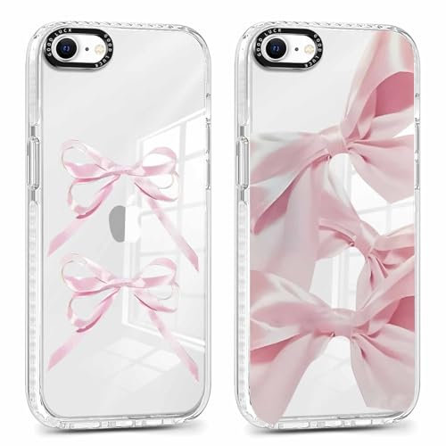 RUMDEY 2 Pack Clear Bow Phone Case for iPhone 7/8 / SE 2020 / SE 2022 4.7 inch, Cute Aesthetic Pattern Design Protective Soft Slim Shockproof TPU Bumper Cover for Girls Woman-Pink Bow