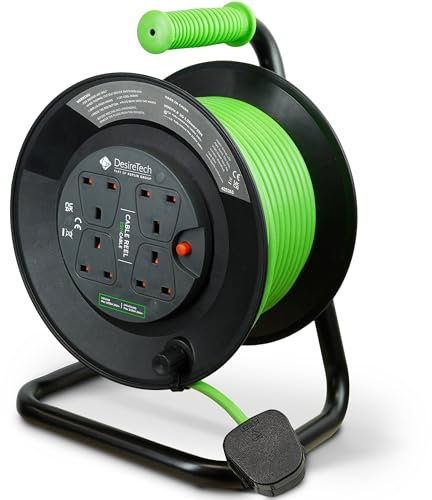 Desiretech - 4 Socket Extension Lead - 25m Portable Cable Reel - Thermal Cut Out, Ergonomic Handle, Green/Black - Heavy Duty Extension Cord for Indoor Use (25 Metre)