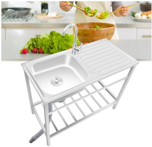 SlpQryvenic Fregadero Acero INOX For Jardin Exterior Garaje Restaurante Bar Fregadero Comercial con Grifo Y Estantes De Almacenamiento Fregaderos Industriales 75x40x75cm