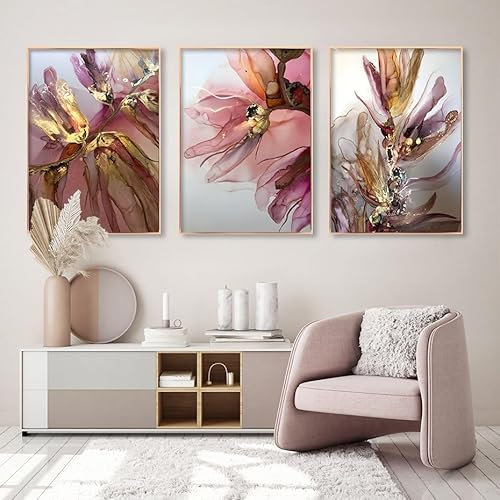 Poster Artistici - 3 Pezzi Rosa Fard Oro Rosa Bellissimi Fiori Classico Astratto Poster da Parete Arte su Tela Dipinto Stampa Immagine Soggiorno Ufficio Arredamento Casa - 50*70Cm (Senza Cornice)