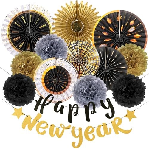 SUNBEAUTY Silvester Deko 2025 Neujahr Silvesterdeko Happy New Year Girlande Gold Schwarzes Papier Fächer Seidenpapier Pom Poms Dekoration Silvesterpartydeko Accessoire für Silvesterparty