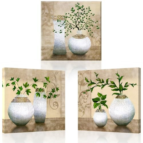 Piy Painting 3X Impression Sur Toile, Plantes Vertes En Bouteilles Peintures Sur Toile, Art Mural Sur Toile, Peinture Sur Toile De Feuilles Pour Salon Bureau Chambre Cuisine, 58 X58 cm/174 x58 cm