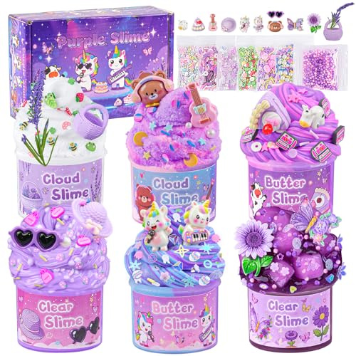 LAWOHO 6 Stück Lavendel Lila Slime Set - Fluffy Cloud Wolkenschleim, Clear Slime & Butter Schleim für Kinder, Mitgebsel Kindergeburtstag Schleim, Halloween Weihnachten Geschenk für Mädchen, Jungen