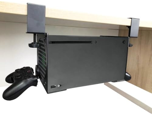 UISKOOPW No Drilling Under Desk Mount for Xbox Series X with Handle Storage,Free Installation Table Holder Compatible with Xbox X,Stealth Horizontal Gaming Desk Stand Accessories for XSX(Upgrades)