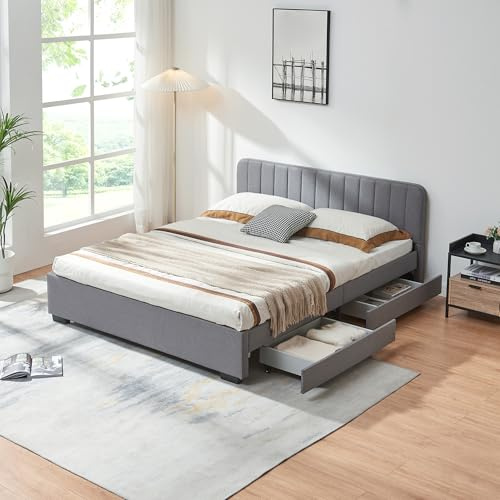 [en.casa] Polsterbett Nofrenna Doppelbett mit 4 Schubladen gepolstert Stauraumbett 140 x 200 cm Bettgestell mit Lattenrost Leinenbezug Grau