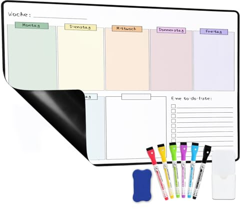 puiaxod Wochenplaner Abwischbar, 40×30cm Magnetisch Whiteboard | Wochenplaner Abwischbar Trocken Abwischbare WhiteboardFolie, Planermagnete zur Verwendung als Tagesplan Oder To Do Liste