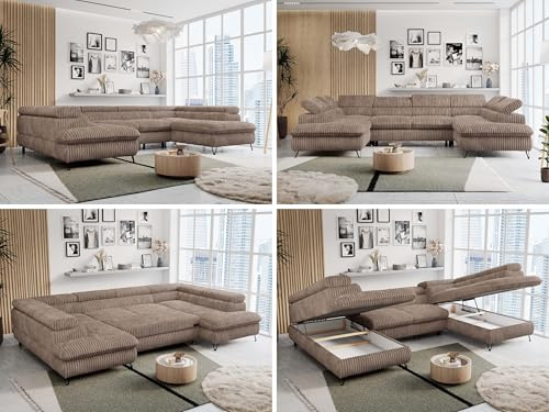 MKS MEBLE Sofa U-Form, Wohnlandschaft U-Form, Sofa mit Schlaffunktion und Bettkasten, Schlafsofa mit Bettkasten, Couch mit Verstellbare Kopfstützen - Peter U - Braun Cord (mit Topper T25)