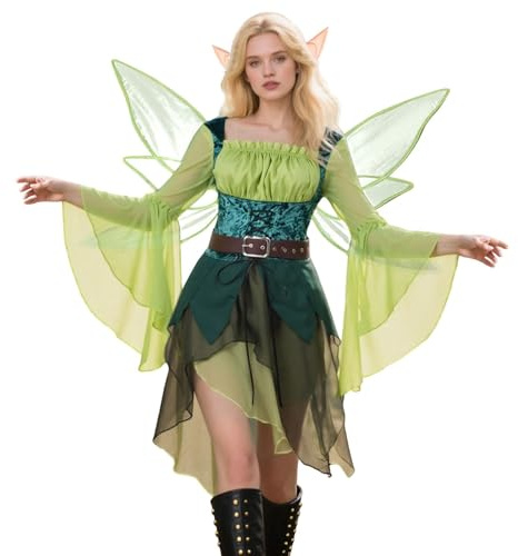 RUITOTP Damen Fee Kleid Pailletten Elfenkleid mit Schmetterlings Feenflügel Waldfee Prinzessin Kleid Feenkostüm Cosplay Halloween Karneval Fasching Kostüm S-XXL