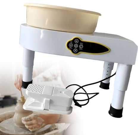 HTDRE Tornio Elettrico per Ceramica, Macchina per Ceramica con Piatto Girevole da 350 W e 25 cm, Vasca in ABS Rimovibile, Pedale e Strumenti per Modellare (Bianco B)