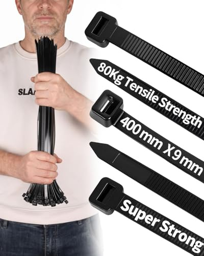 100 PCS Black Cable Ties Heavy Duty, 400mm x 9mm Long with 80 KGS Ultra Strong Tensile, Large UV Resistant Zip Ties, Long Tie Wraps for HVAC Outdoor Use
