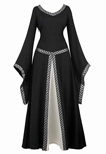 Josamogre Mittelalter Kleid Kleidung Renaissance mit Trompetenärmel Party Kostüm bodenlang Vintage Retro Costume Cosplay Damen Schwarz L