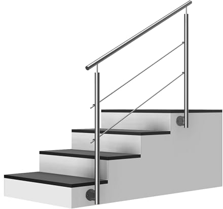 Edelstahl Treppengeländer/Außengeländer, 1,6m lang, 0,9m hoch, Seitenmontage, je 2 Pfosten + Handlauf mit Kugelring + 2 Querstäbe + Zubehör, Winkelverstellbar (L:1600mm H:900mm)