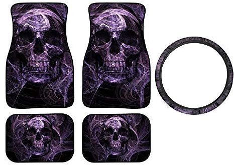 Amzbeauty Lila Totenkopf Auto Fußmatten 5 Stück Inklusive Auto Vorne/Hinten Fußmatten Teppiche Lenkradabdeckung Universal Fit Zubehör Auto Innendekorationen