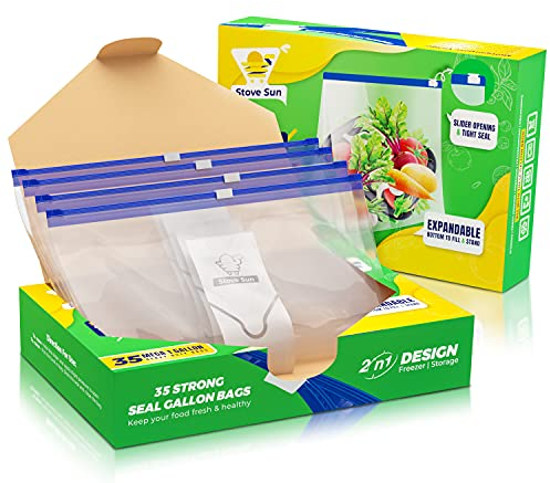 Stove Sun™ 35 Large Reusable Ziplock Bags | Expandable Bottom Stand and Fill Food Storage Bags | BPA Free, 1 Gallon (4.55L), W28.8 x L30.6+3cm bottom