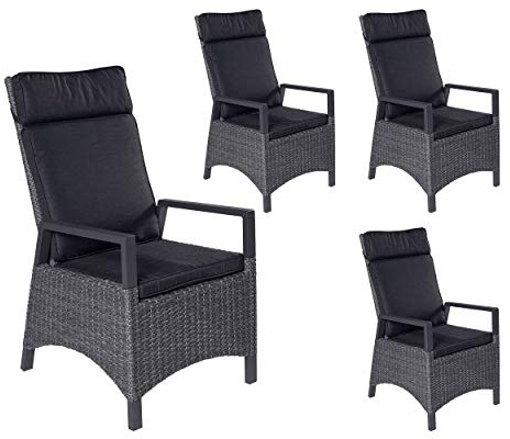 LC Garden Keramo Dining 4er Set Positionsstuhl Verstellsessel mit Polyrattangeflecht in grau und rostfreien Alumium Armlehen