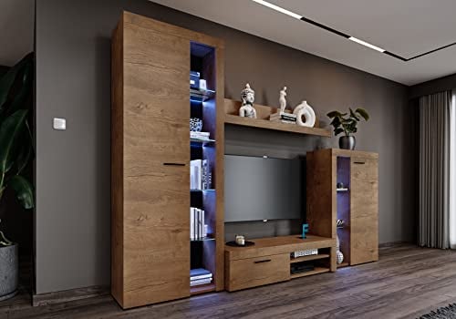 Furnix Wohnwand RIVAY Mediawand Holz Wohnzimmer 4-TLG Komplett-Set mit LED - TV Lowboard, Highboard Vitrine, Wandregal - Modern Freistehend - B 270 x H 190 x T 40,2 cm, Farbe Lefkas Eiche