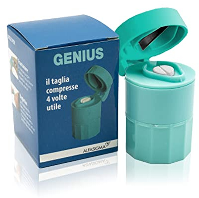 GENIUS TAGLIAPILLOLE, Taglia Pastiglie che Taglia con Precisione Compresse di ogni Dimensione, Frantuma Pastiglie, Comodo e Pratico Contenitore Tascabile di Pillole e Compresse a Due Scomparti