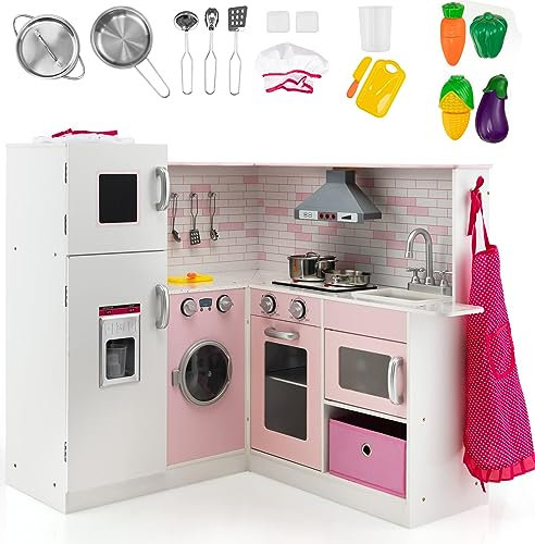 RELAX4LIFE Cocina Juguete con Sonidos y Luces Realistas, Cocinita Infantil de Madera con Accesorios y Verduras Juguetes, Cocina Juguete con Fregadero, Hornos, Microondas, Nevera, Niños 3+ Años (Rosa)