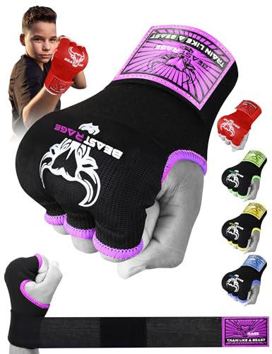 BEAST RAGE Gants de Boxe en Gel MMA de 75 cm de Long, rembourrés, élastiques, pour Sac de Frappe, entraînement Muay Thai, Bandages UFC pour Hommes, Femmes et Enfants (Enfants Junior, Violet)