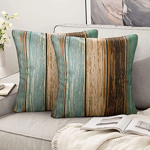 Kissenbezüge 50x50, Kissenbezüge Modern Grün 50x50 2er Set Grün Kissenbezug Holzstreifen Retro Vintage Kissenbezüge aus Rustikalem Holz aus Leinen für Sofa mit Verdecktem Glattem Reißverschluss