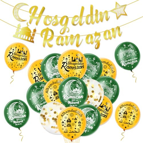 DPKOW Ramadan Deko Hosgeldin Ramazan Banner Luftballons, Ramadan Girlande Banner Latexballons Ramazan Dekor Hoşgedin Ramazan Partyzubehör, Ramadan Islam Banner Luftballons für zu Hause Draußen Drinnen