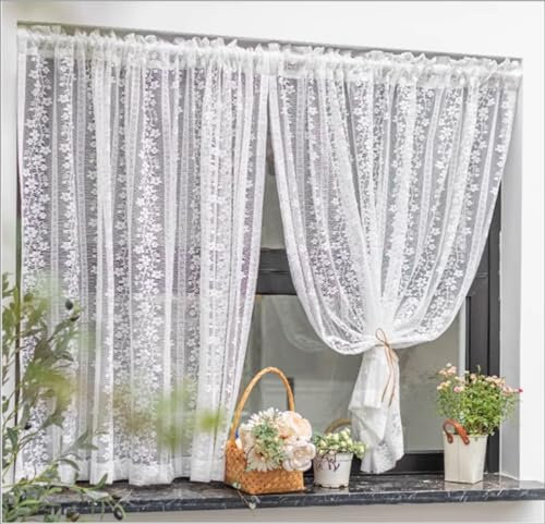 Yaland Jacquard Scheibengardine Landhausstil Gardine mit zarten Streifen Blumen Muster Bistrogardine mit Stangendurchzug 1 Stück Weiß BxH 80x80cm