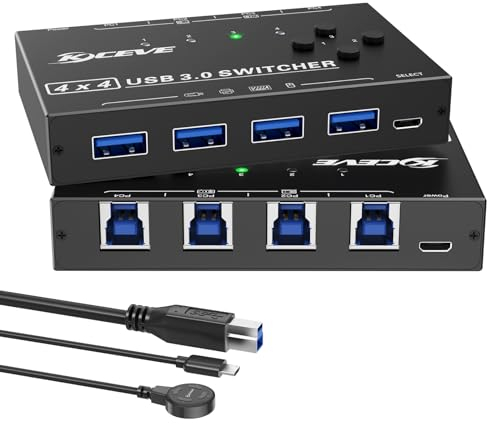 YOUTINGHDAV USB 3.0 Switch 4 PC, 4 in 4 out USB Switch 3.0, USB-Schalter Selector für 4 PC and Tastatur, Maus, Drucker, mit Wired Remote und 4 Kabeln