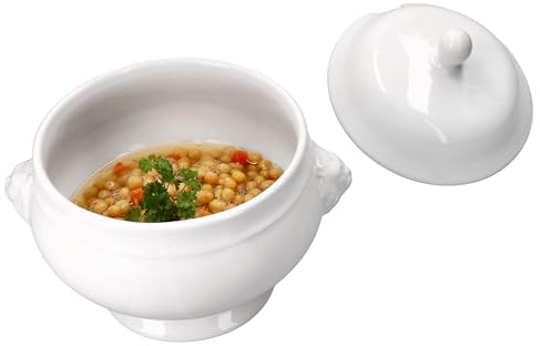 MamboCat Leo - Terrine tête de lion avec couvercle - Grand modèle - 2 l - Bol à soupe blanc traditionnel pour ragoûts ou plats One Pot avec têtes de lion - Bol à soupe XL pour soupe de mariage et