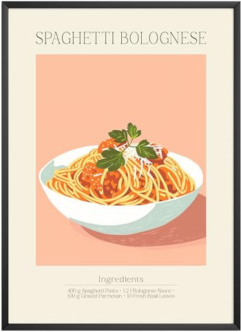 MJ-GRAPHICS - Poster Spaghetti - Bild mit Speisen Rezept & Zutaten - Wandbild Din A3 in Galerie Qualität mit extra dickem 300g Posterpapier - Retro Poster FineArt Kunstdruck ohne Bilderrahmen