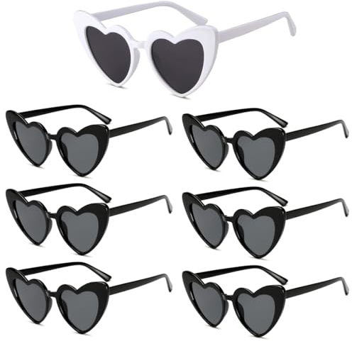 Occhiali da Sole Cuore, Occhiali a Forma di Cuore per Donna Uomo, 7 Paia Occhiali da Festa, Heart Sunglasses Vintage per Matrimonio, Addio al Nubilato, Compleanno, Carnevale, Viaggi (Nero + Bianco)